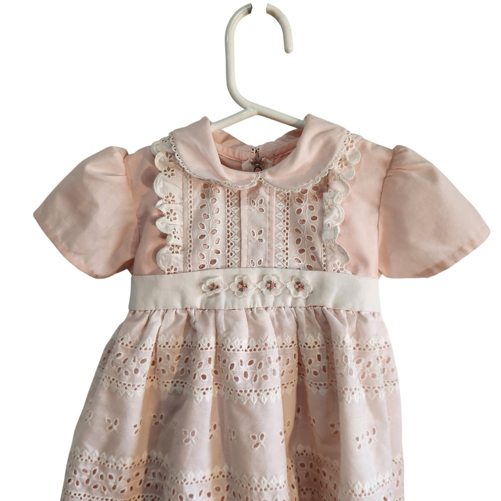 Vintage Pink Apron Eyelet Lace Dress Peter Pan Collar Floral Embroidery 2T - Picture 1 of 6